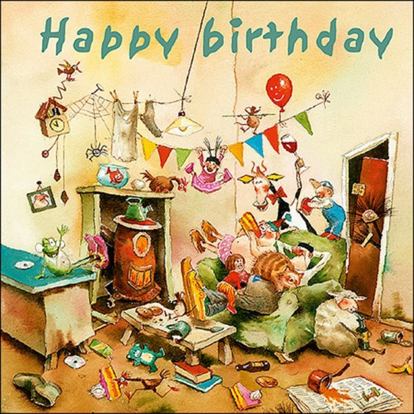 Marius van Dokkum wenskaartenset happy birthday feest in woonkamer