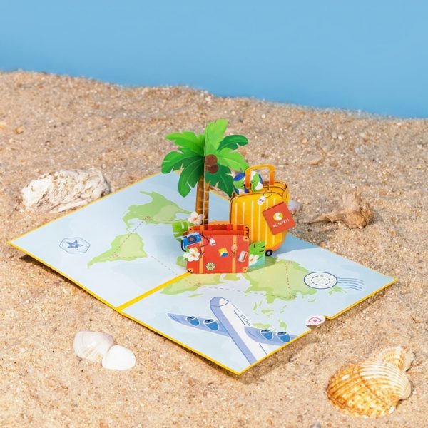 Papercrush pop-up kaart goede reis sfeerfoto op het strand