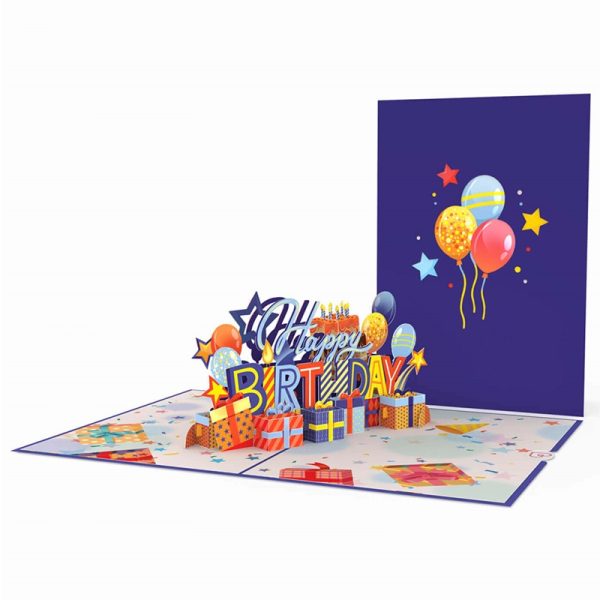 Papercrush pop-up kaart happy birthday blauw voorkant en binnenkant