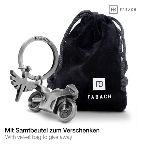 Fabach sleutelhanger beschermengel motorrijder antiek zilver met opbergzakje