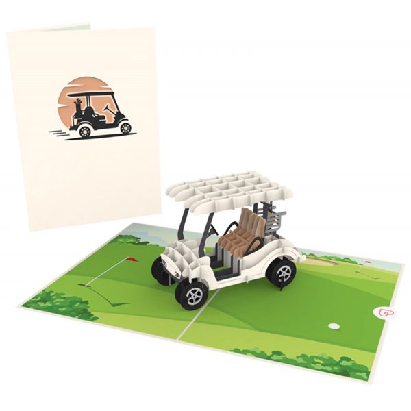 Papercrush pop-up kaart golfkar voorkant en binnenkant