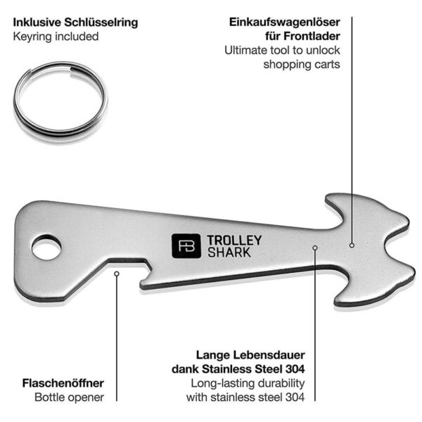 X000TZ108Z Fabach winkelwagenafnemer Trolley Shark zilver met flesopener inhoud verpakking